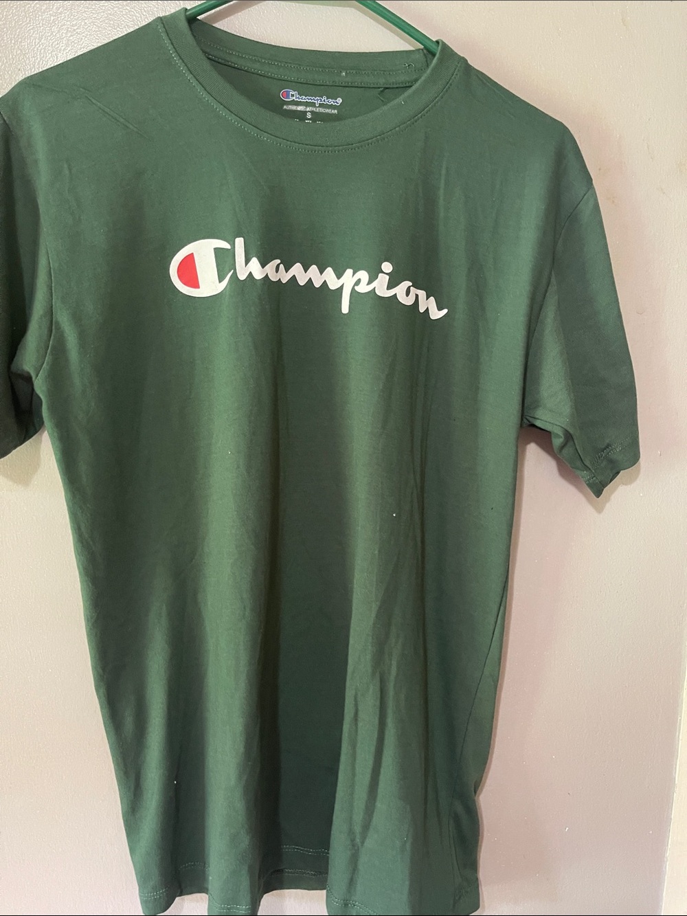 Champion Men’s Crewneck Logo Tee in Dark Green with White & Red Accent